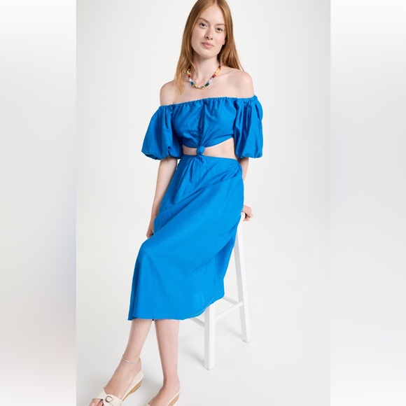 Farm Rio Linen Blend Midi Dress Blue Off-Shoulder Knot Cut-Out Women’s Small - Picture 5 of 16